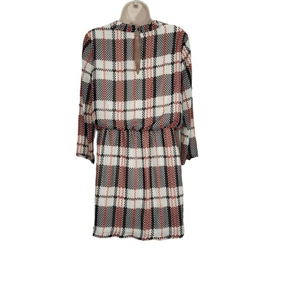 Honey Punch Sheer Blouson Dress Women Size M Cream Red Black Plaid Long Sleeve - Picture 6 of 10
